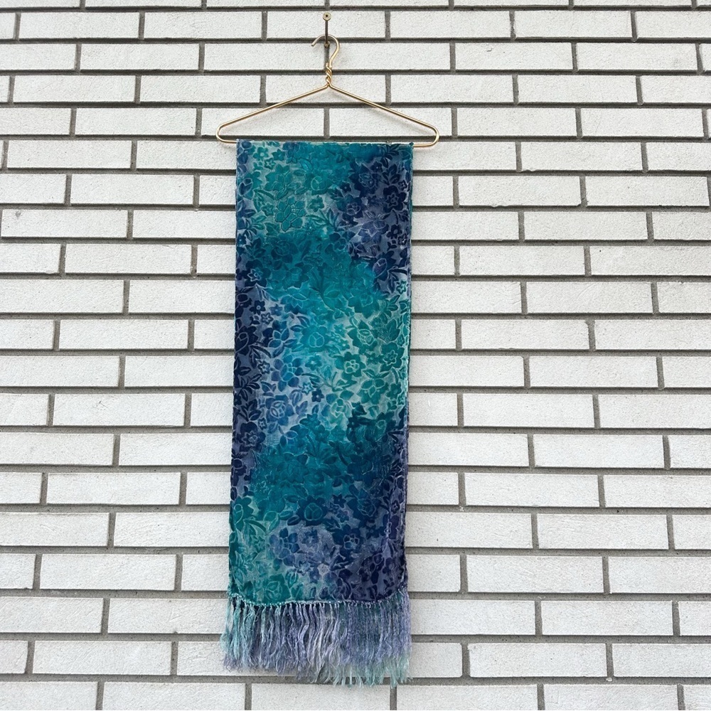 Velvet Burnout Teal Purple Whimsigoth Rectangle Scarf Fringe Fairycore - Picture 2 of 6